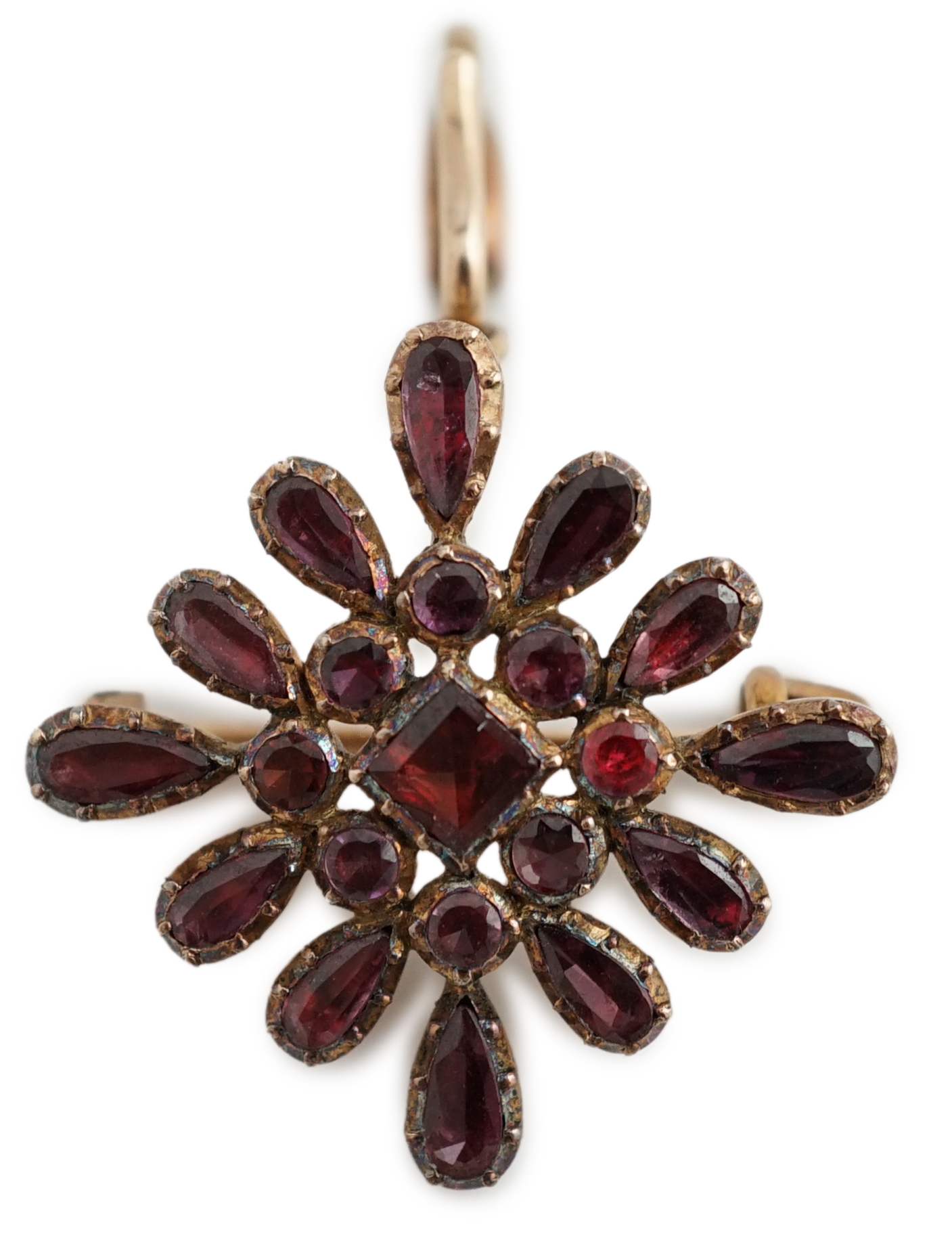 An early Victorian gold and garnet cluster set drop pendant brooch